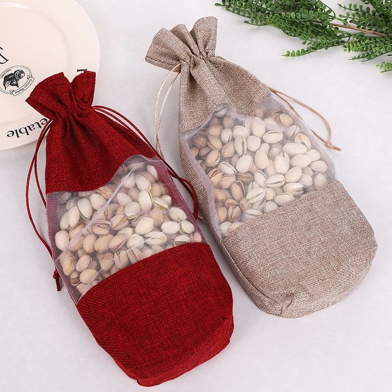 Jute Wine Gift Bag with Window, Double Drawstring, Elegant Party & Banquet Packaging|Gift Bags & Packaging