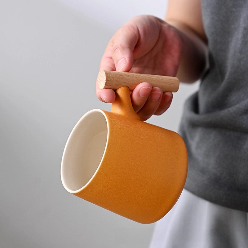 Wooden Handle Ceramic Mug Set with Lid and Filter Frosted Glass Simple Design Engraved Logo Gift Set|Kitchen & Dining