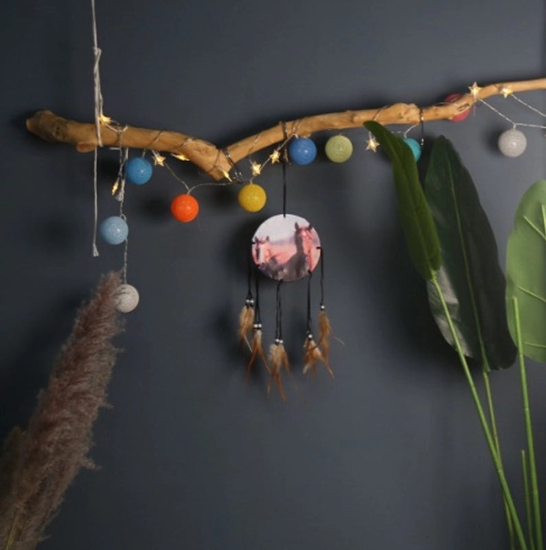 Wolf Head Dreamcatcher Oil Painting Wall Hanging with Natural Feathers | Home Decor & Wall Art