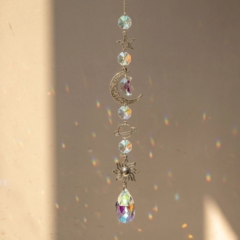 Minimalist Moon & Water Droplets Crystal Suncatcher Wind Chime Decorative Wall Hanging|Home Decor