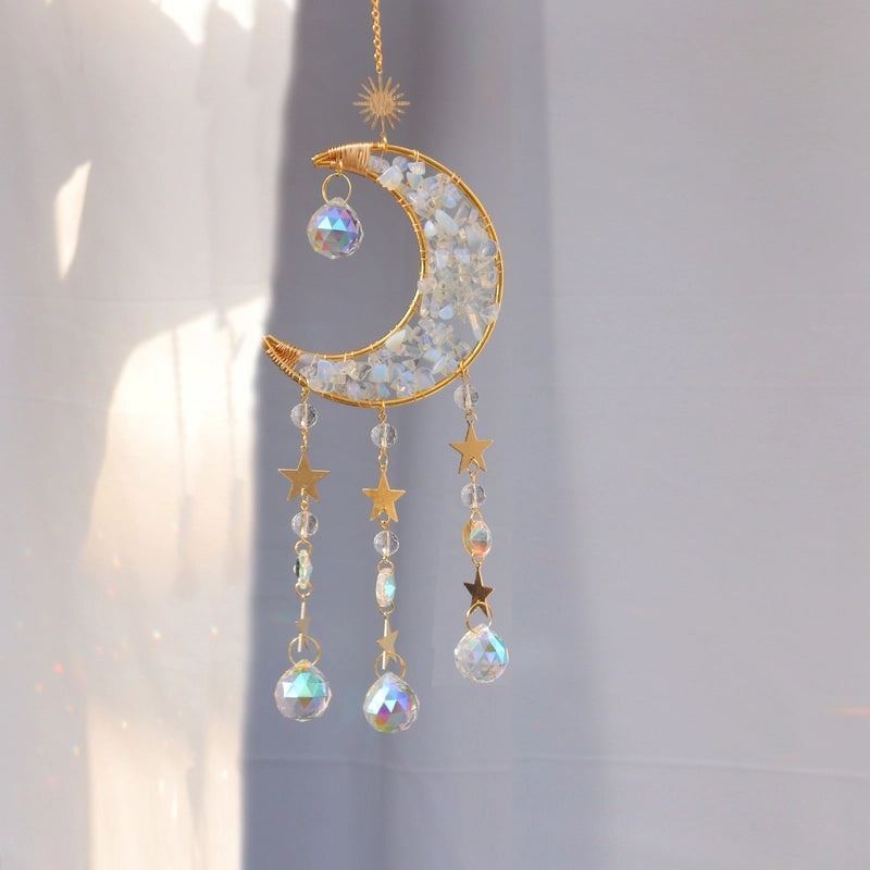 Geometric Star and Moon Crystal Metal Suncatcher Wind Chime | Home Decor & Wall Art