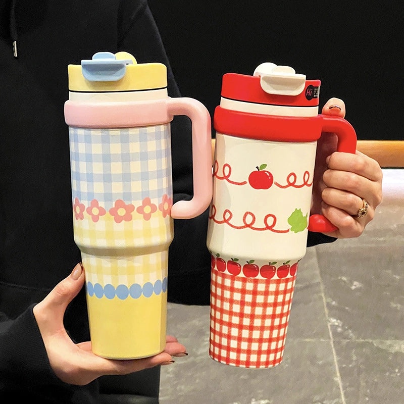 Stylish Lattice Fruit Flower Pattern Thermos Cup 304/316 Stainless Steel 1 Piece | Drinkware & Tumblers