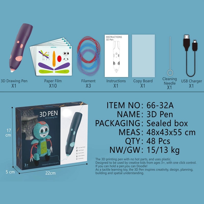 低温无烫伤3D打印笔无线儿童立体涂鸦笔带摇动声|儿童玩具