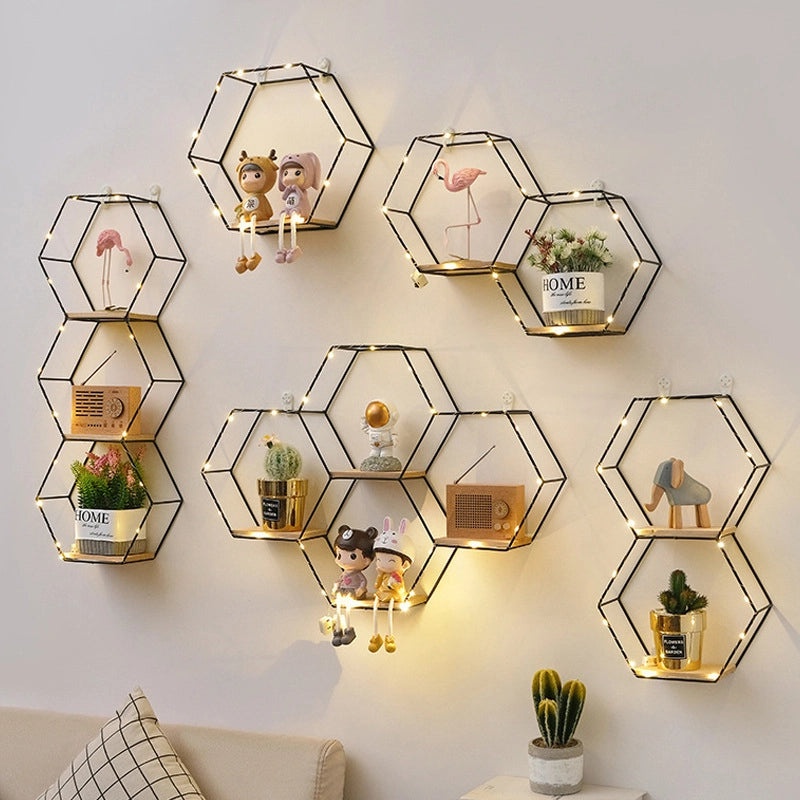Wrought Iron Nordic Hexagon Wall Shelf Decorative Hanging for Home Bedroom Dining Room|Home Decor Wall Art