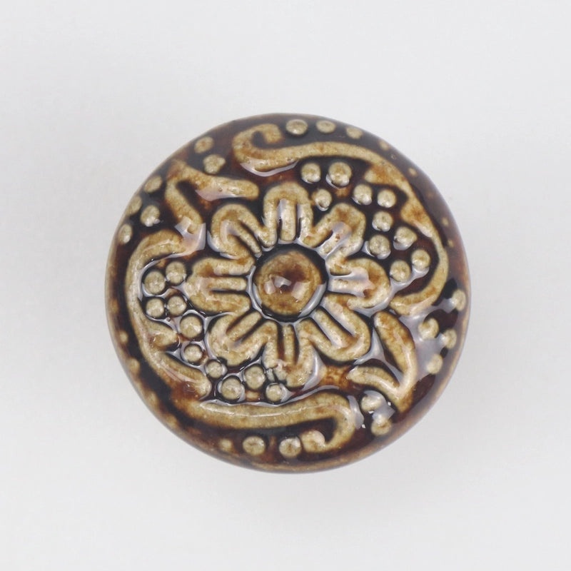 Ceramic Flower Cabinet Handle with Wooden Base | Cabinet Hardware