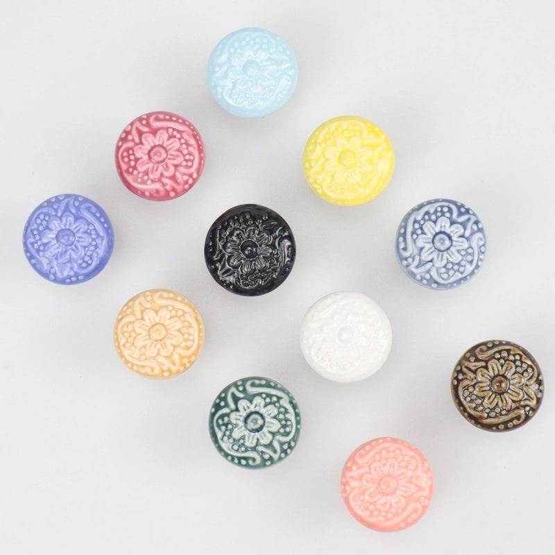 Ceramic Flower Cabinet Handle with Wooden Base | Cabinet Hardware