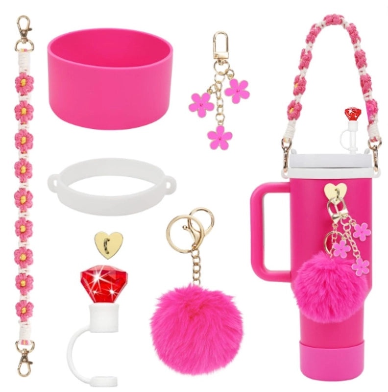 Adorable Geometric Plush Silica Gel Straw Charm Cup Pendant Set | Drink Accessories