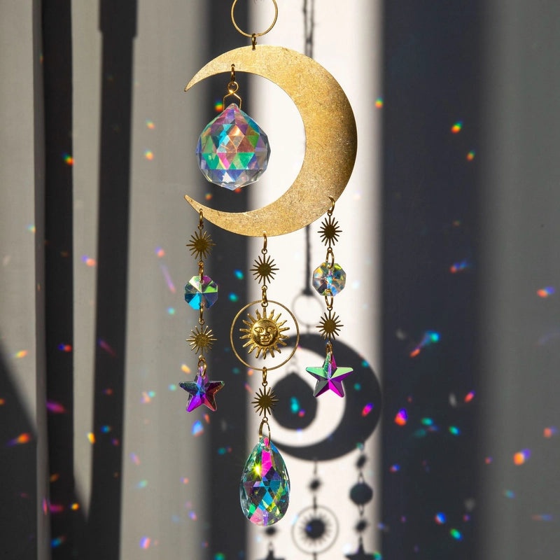 Minimalist Star and Moon Crystal Pendant with Water Droplets | Jewelry & Accessories