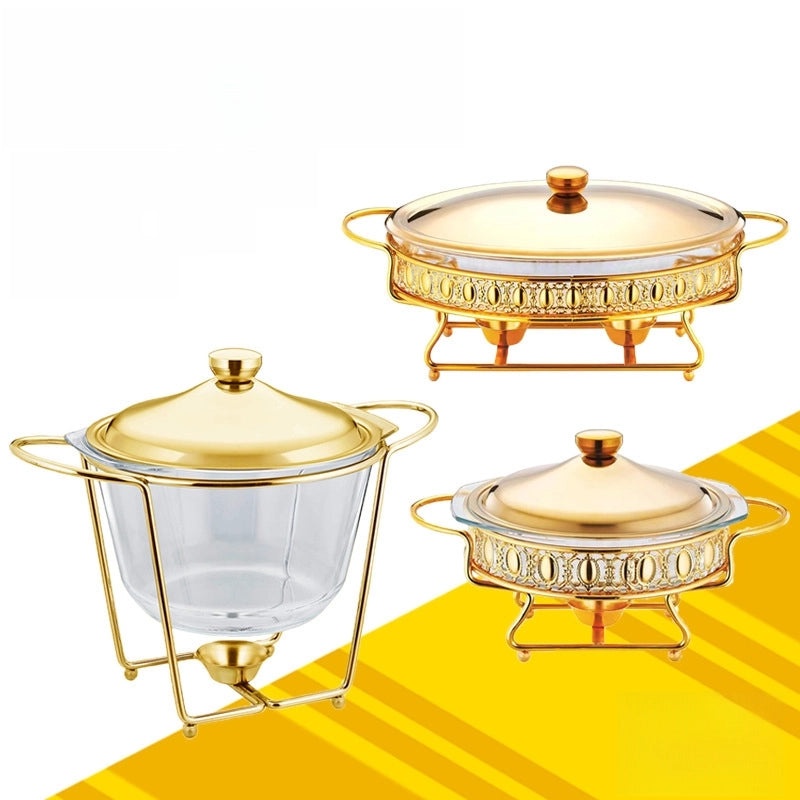 耐热玻璃炉圆形酒精加热金色自助餐锅带盖恒温保温锅|厨房用品