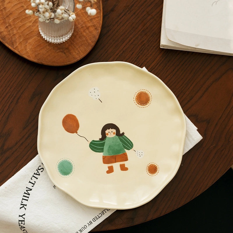 Vintage Ceramic Cartoon Dinner Plate Cute Girls Small Rice Bowl and Mug with Lid|Kitchen & Dining