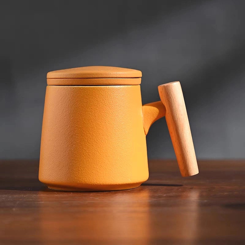 Wooden Handle Ceramic Mug Set with Lid and Filter Frosted Glass Simple Design Engraved Logo Gift Set|Kitchen & Dining