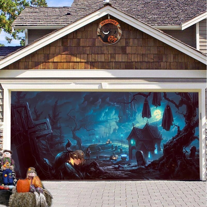 Halloween Pumpkin Hanging Banner Cloth Horror Garage Door Tapestry Decoration|Home Decor