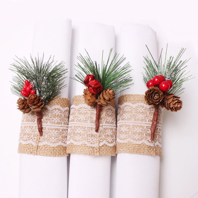 Festive Christmas Tree and Santa Claus Alloy Napkin Rings Set of 6 | Holiday Table Decor