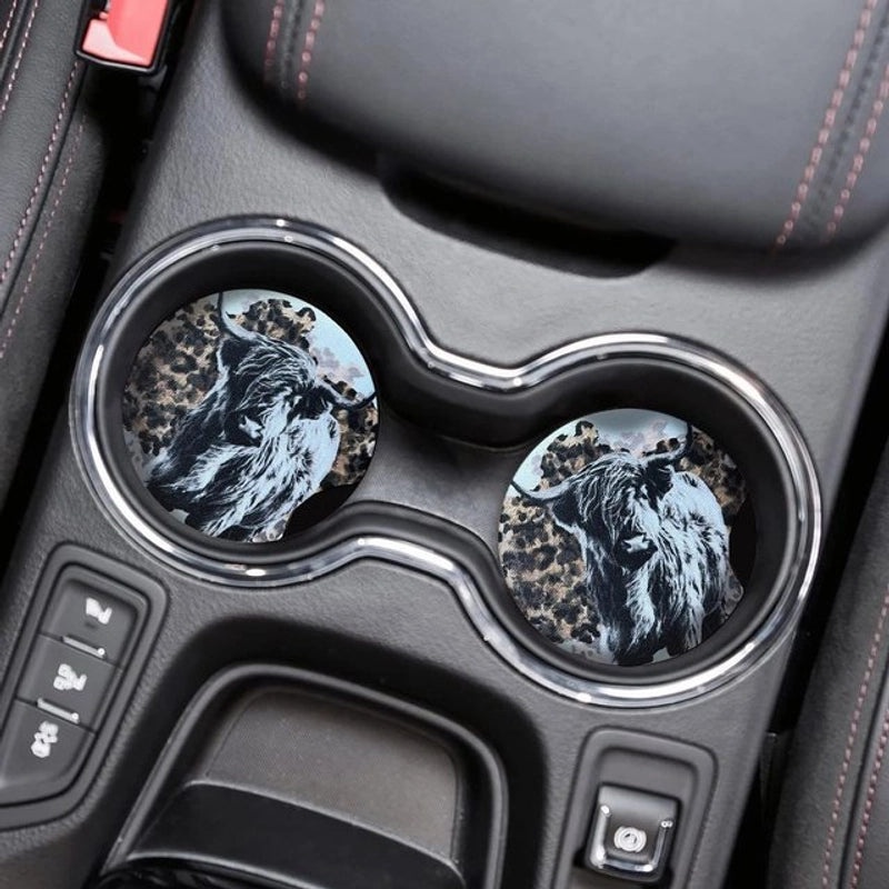 Farm Style Wooden Car Coaster with Highland Animal Design Anti-slip | Home Decor Coasters