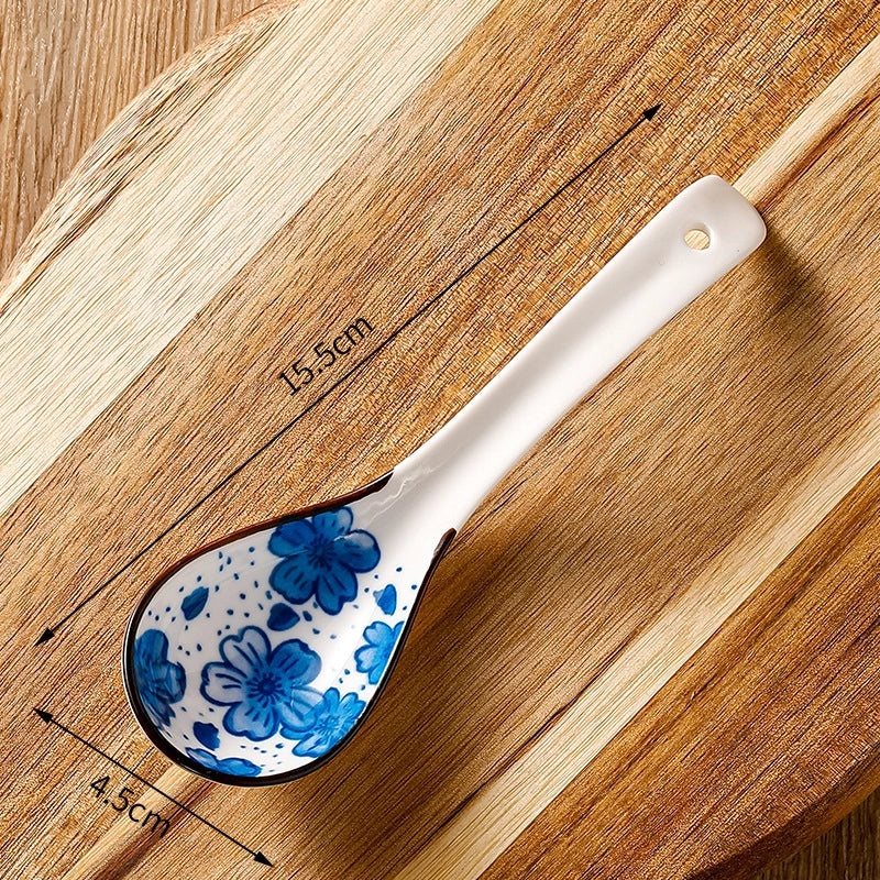 Unisex Ceramic Soup Spoon Kitchen Dining Utensil Blue White Cartoon Pattern