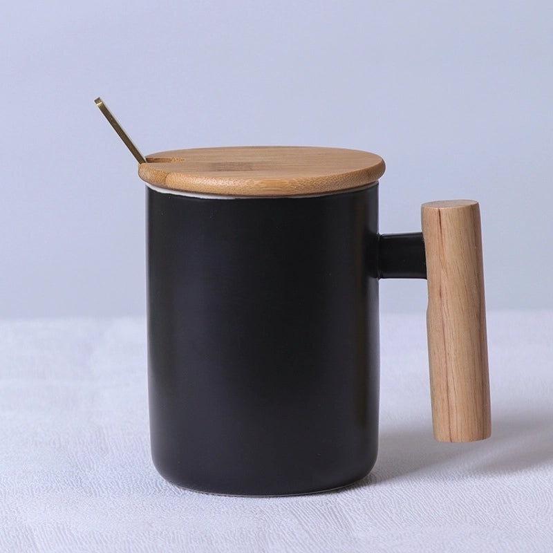 Matte Ceramic Mug with Solid Color and Wooden Handle | Home & Kitchen Drinkware