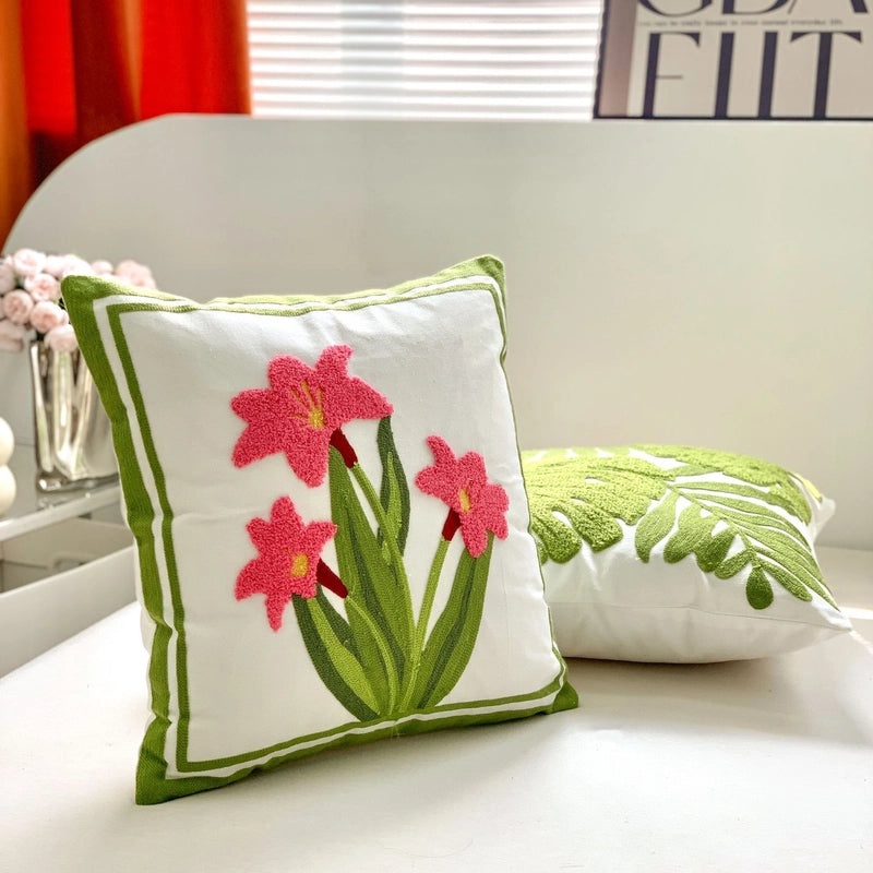 Green Botanical Tulip Embroidered Sofa Cushion Pillow for Living Room | Home Decor Cushions