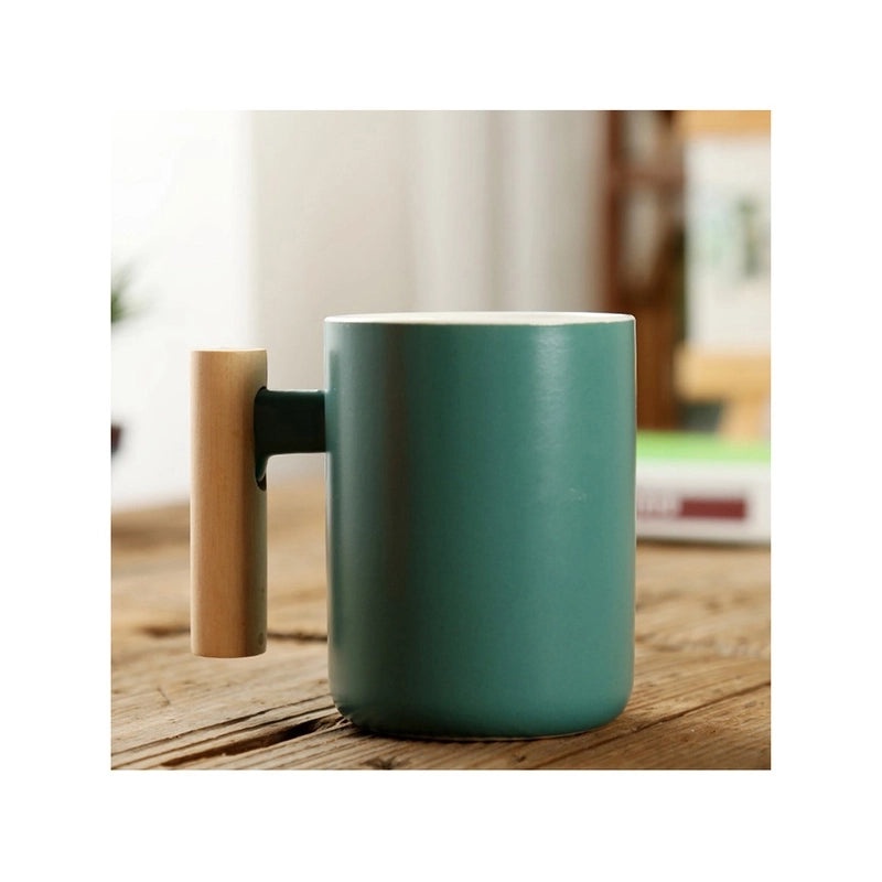 Matte Ceramic Mug with Solid Color and Wooden Handle | Home & Kitchen Drinkware