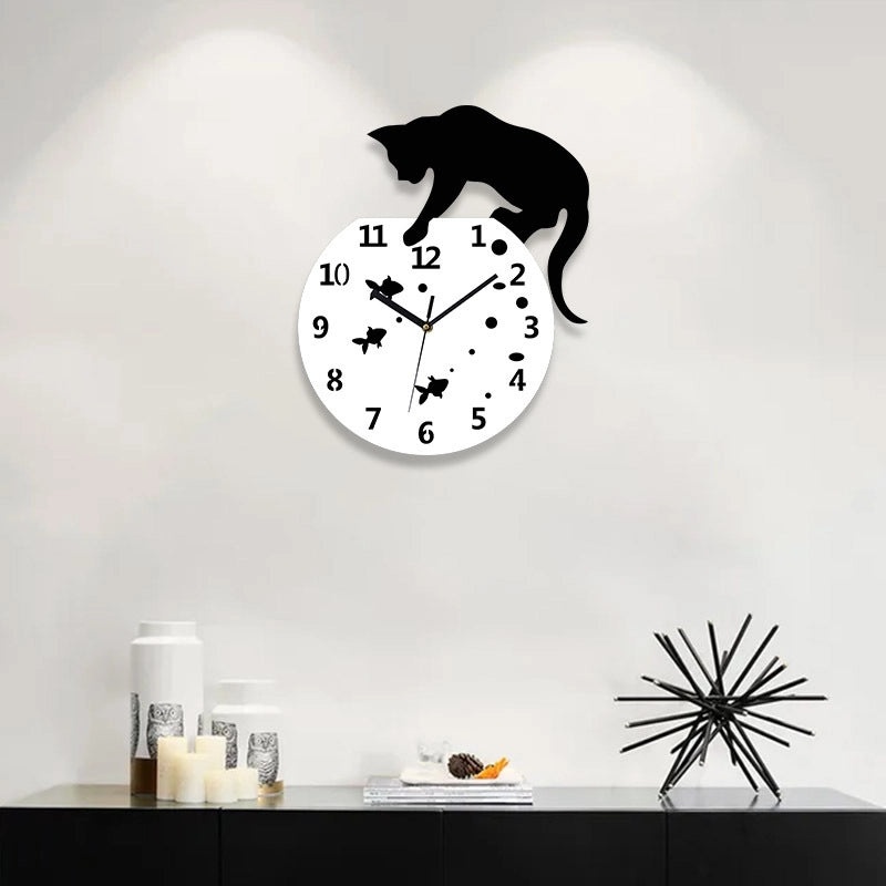Cute Cartoon Fish Tank Kitten Wall Clock|Home Decor Wall Clocks
