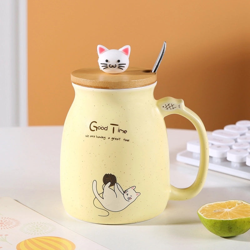 Cute Cartoon Couple Cat Ceramic Mug with Lid and Spoon | Drinkware & Mugs