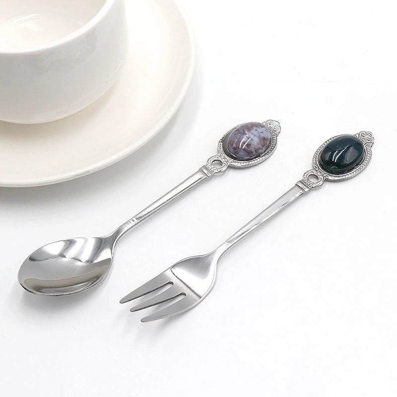 Vintage Solid Color Stainless Steel Spoon with Natural Stone Handle | Kitchen Utensils & Cutlery