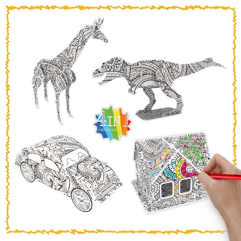 Kids 3D Dinosaur Graffiti Puzzle Toy Set DIY Animal Car House Painting Craft | Children's Creative Toys