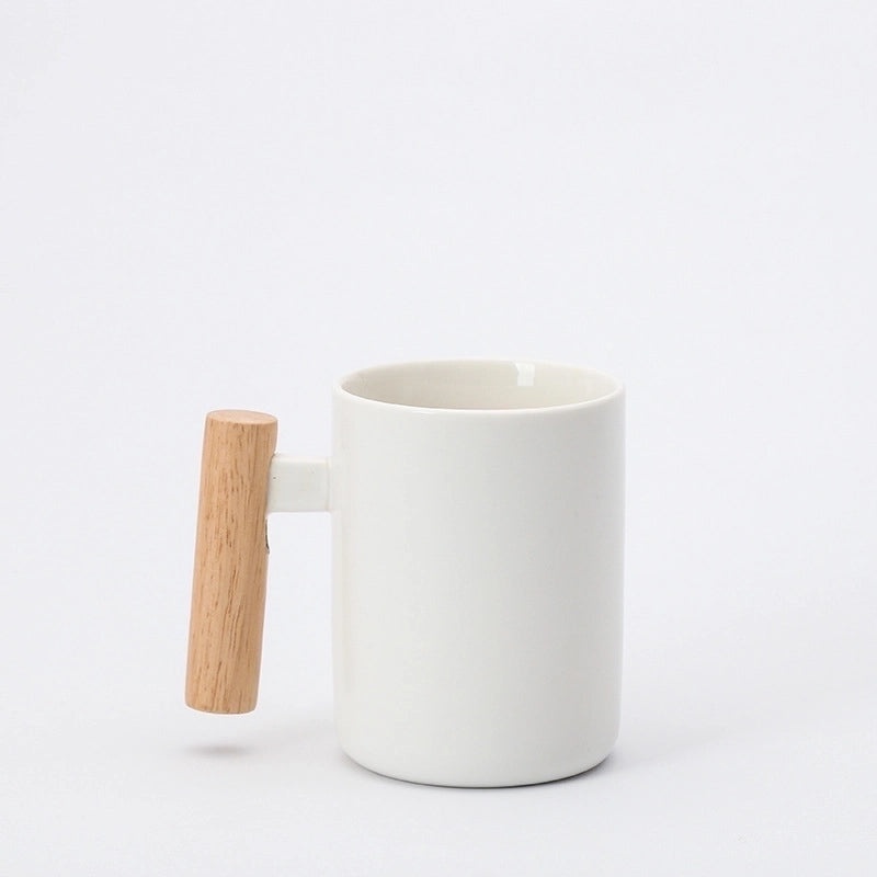 Matte Ceramic Mug with Solid Color and Wooden Handle | Home & Kitchen Drinkware