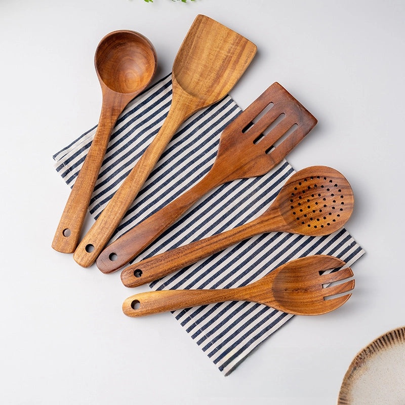 7-piece Teak Wood Kitchen Utensil Set Including Spatula, Soup Spoon & Colander | Kitchenware & Cooking Tools