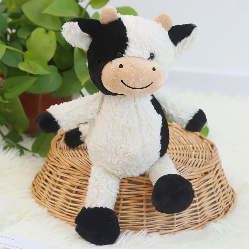 Black and White Cow Plush Doll with Flower Smile, Sitting Calf Soft Toy Leather Shell|Toys & Hobbies Plush Animals