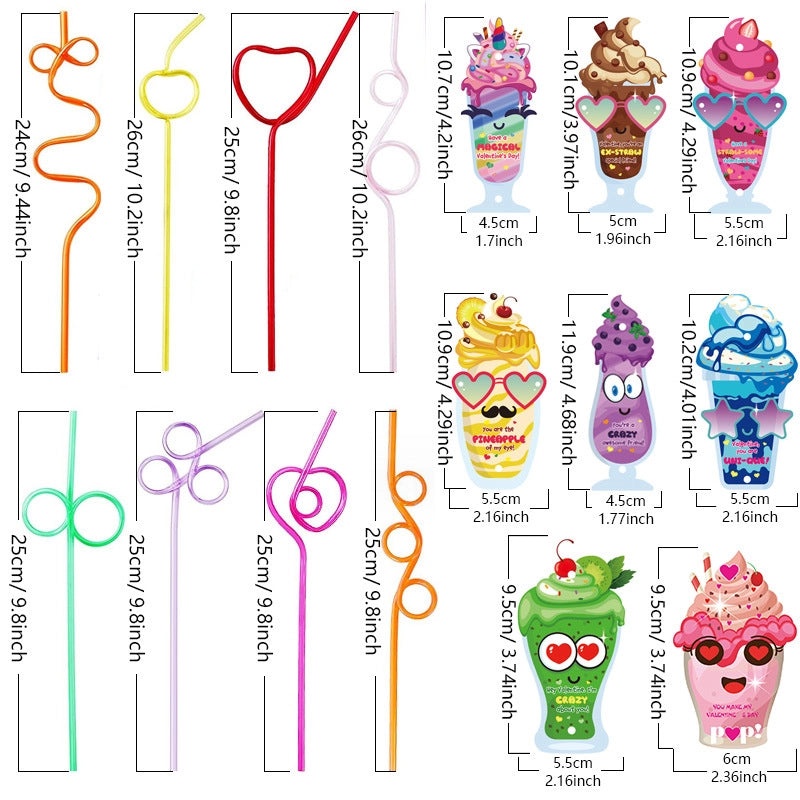 32 Pieces Valentine's Day Kids Straw Set Reusable Crazy Straws with Greeting Cards|Kids Party Supplies