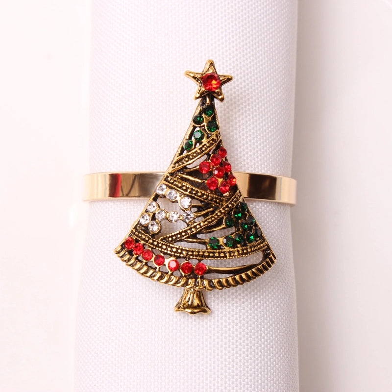 Festive Christmas Tree and Santa Claus Alloy Napkin Rings Set of 6 | Holiday Table Decor