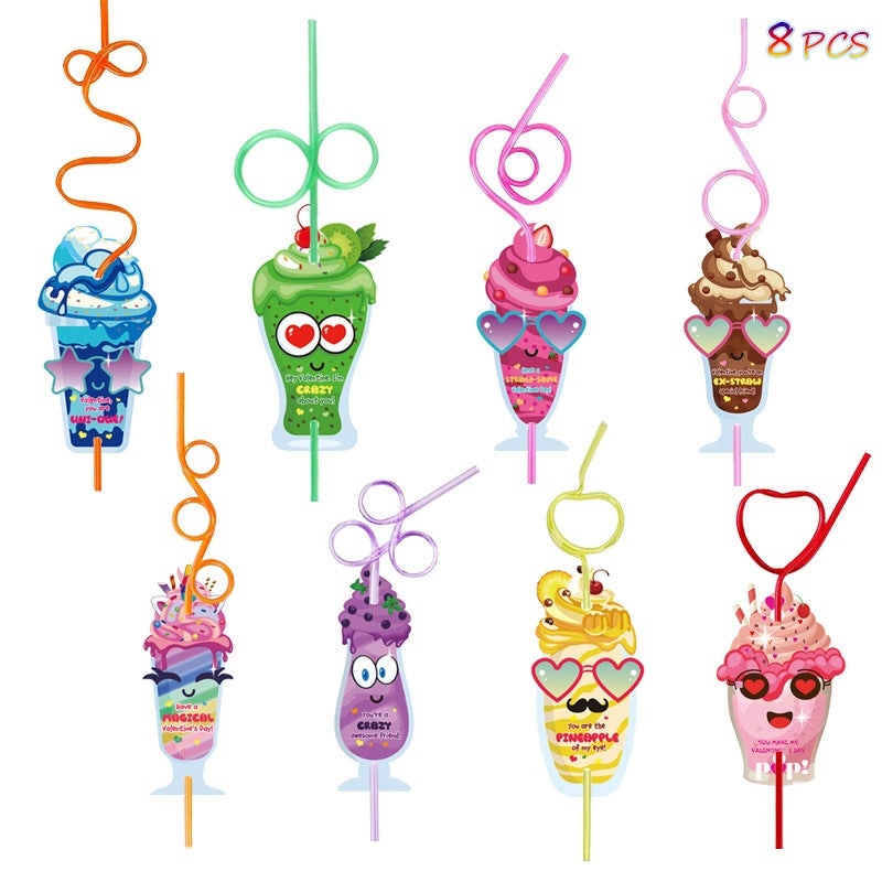 32 Pieces Valentine's Day Kids Straw Set Reusable Crazy Straws with Greeting Cards|Kids Party Supplies