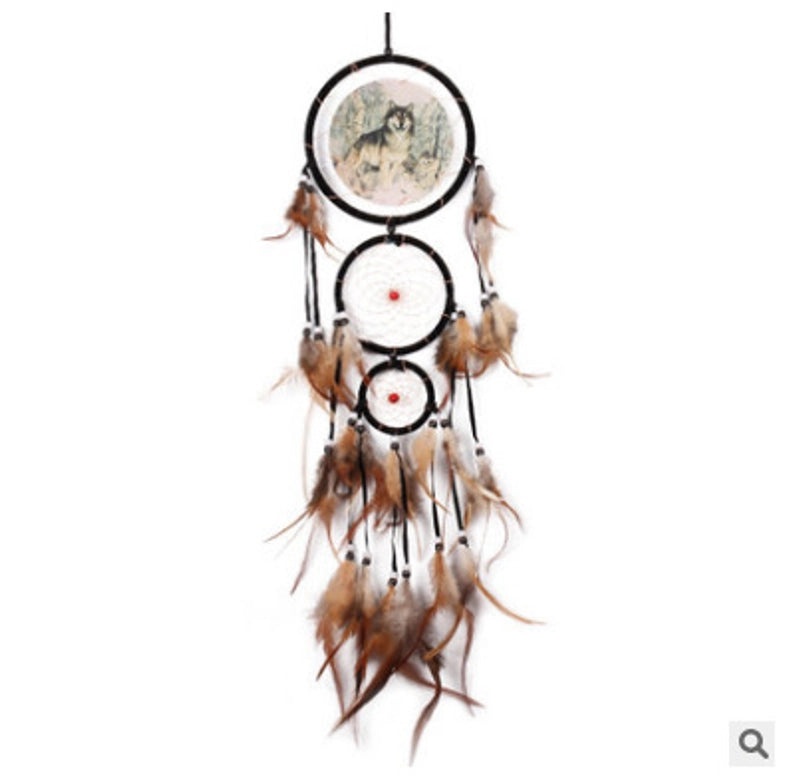 Wolf Head Dreamcatcher Oil Painting Wall Hanging with Natural Feathers | Home Decor & Wall Art