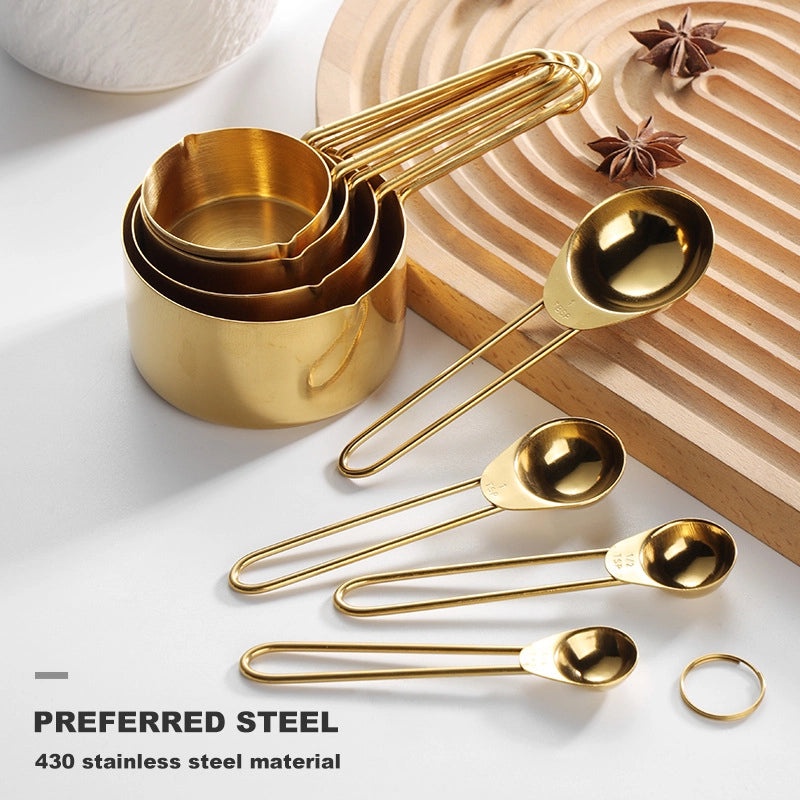 8-Piece Rose Gold Stainless Steel Measuring Cups and Spoons Set with Wire Handles and Scale | Kitchen Measuring Tools