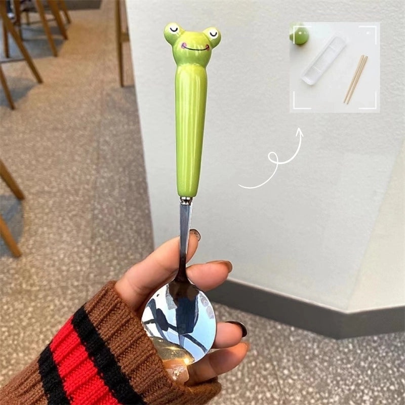 Adorable Cartoon Frog and Crocodile 430 Stainless Steel Ceramic Tableware Set | Kitchen & Dining