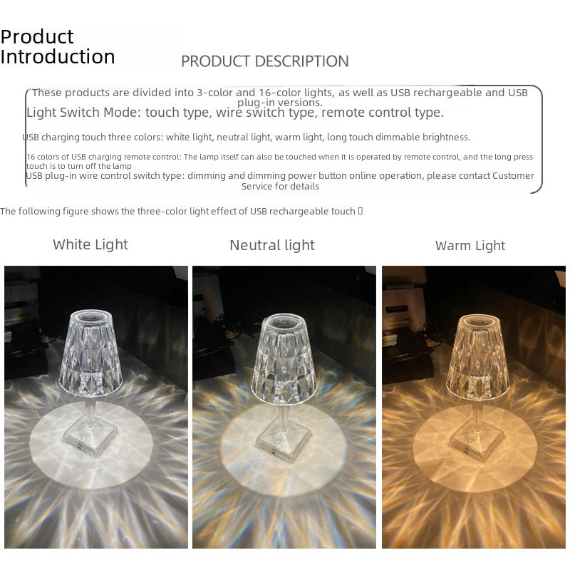 USB Crystal Diamond Table Lamp with Touch Control and USB Charging | Bedroom Nightlight & Atmosphere Lighting | Table Lamps