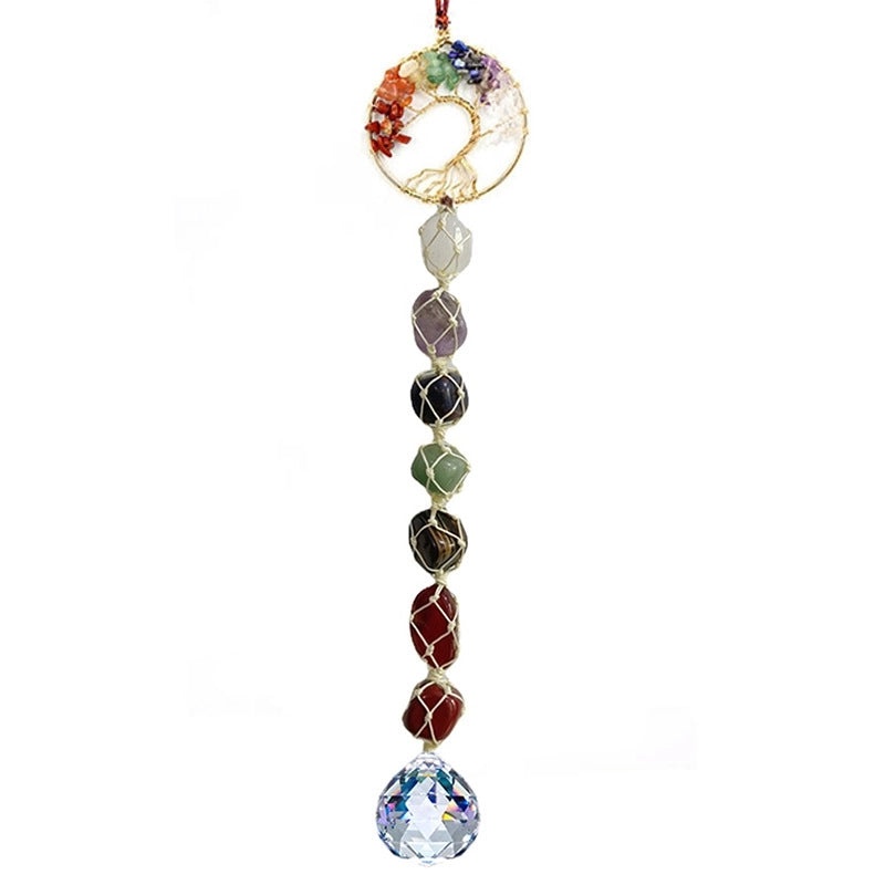 Natural Stone Lucky Tree Car Pendant Crystal Wind Chime Handmade Colorful Gravel Woven Hanging Decor|Car Accessories