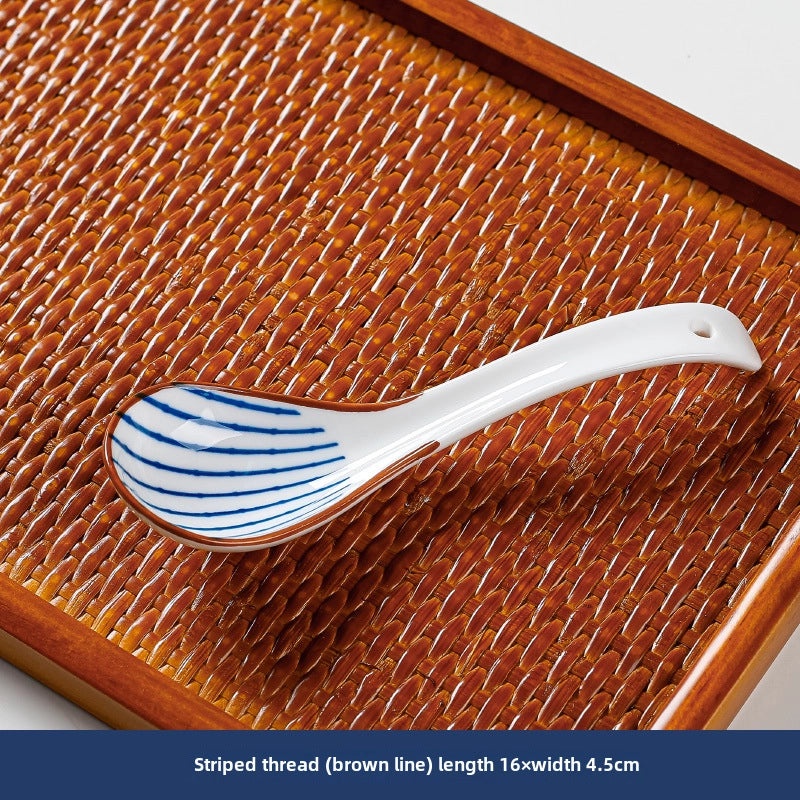 Japanese Style Blue and White Ceramic Soup Spoon Thickened Curved Handle Anti-scalding Small Spoon|Kitchen & Dining