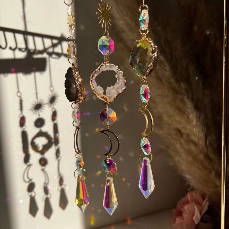 Modern Geometric Moon Natural Stone Crystal Suncatcher Wind Chime Wall Decor|Home Decor