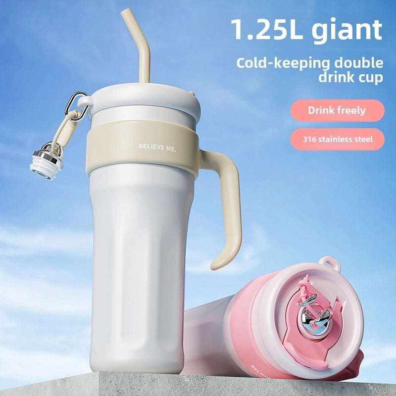Trendy Large 1250ml Vacuum Straw Bottle for Women | Fashionable Stainless Steel Cold Drink Container | Drinkware