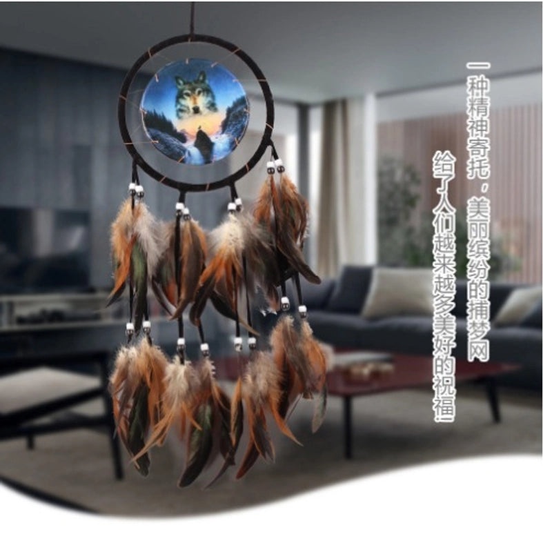 Wolf Head Dreamcatcher Oil Painting Wall Hanging with Natural Feathers | Home Decor & Wall Art