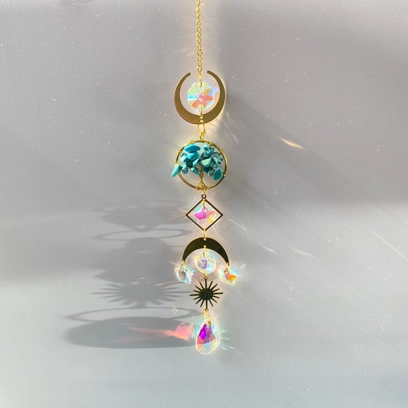 Sun Moon Turquoise Crystal Agate Suncatcher and Wind Chime | Home Decor Wall Art