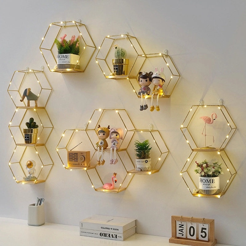 Wrought Iron Nordic Hexagon Wall Shelf Decorative Hanging for Home Bedroom Dining Room|Home Decor Wall Art