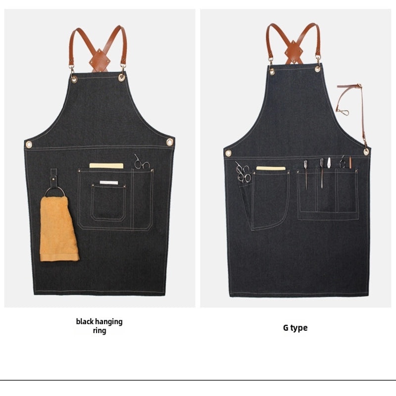 Denim Suspender Apron for Barista, Hair Stylist, Restaurant Staff, Floral Design, Unisex, Korean Style Workwear|Aprons & Workwear