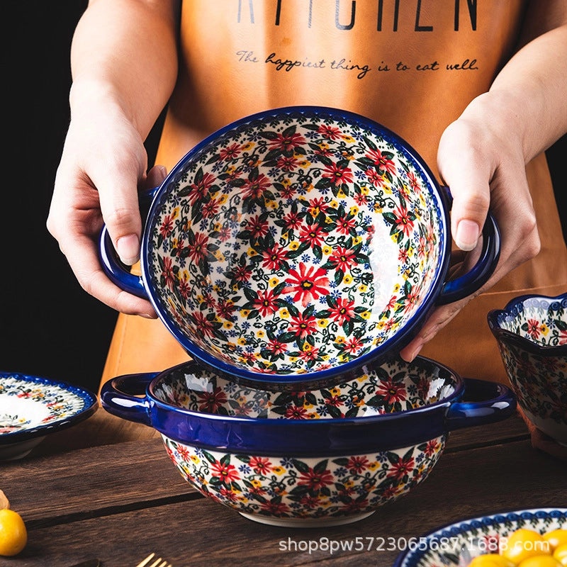 Vintage Polish Ceramic Tableware Set | Household Creative Rice, Soup, Noodle Bowls & Double Ear Plates | Kitchen Dining Dishes Set|Ceramics & Pot