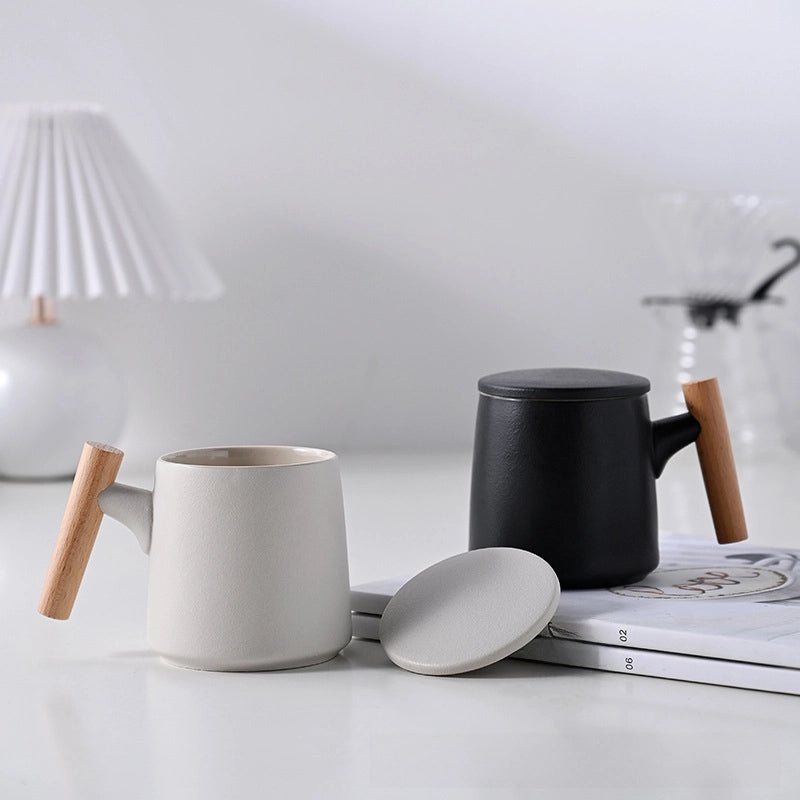 Wooden Handle Ceramic Mug Set with Lid and Filter Frosted Glass Simple Design Engraved Logo Gift Set|Kitchen & Dining