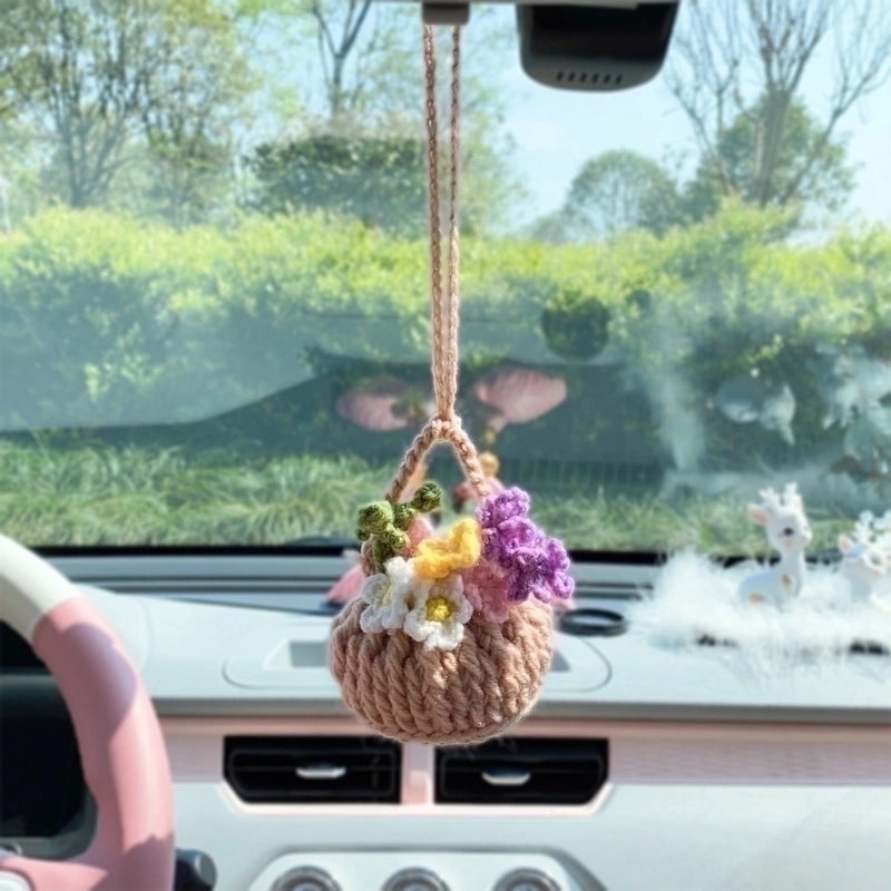 3 Pieces Hand-Crocheted Chlorophytum Yarn Potted Ornaments for Car Rearview Mirror | Car Accessories