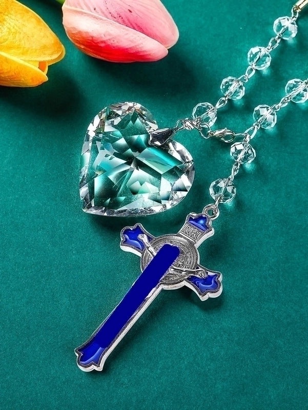 Clear Heart Crystal Cross Car Charm with Blue Enamel | Car Interior Accessories