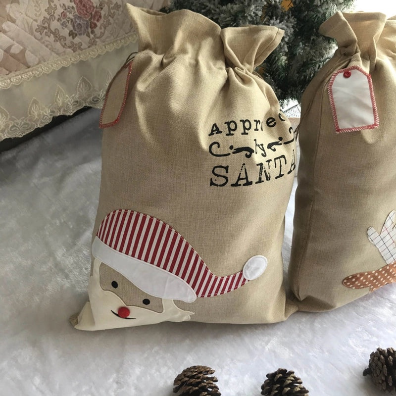 Christmas Holiday Santa Claus and Reindeer Linen Gift Bags for Party Favors | Holiday Party Supplies