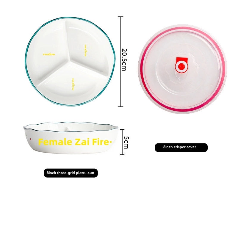 Ceramic Three-Compartment Bowl with Lid Microwave Safe Heat-Resistant Lunch Box Snack Plate|Kitchen & Dining